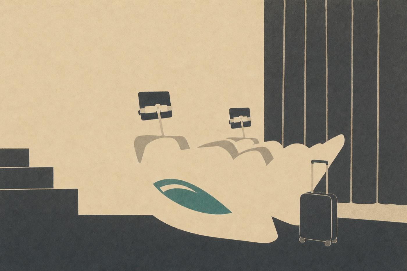 Risograph illustration of a suitcase beside massage chairs in a third-floor Hongdae rest room